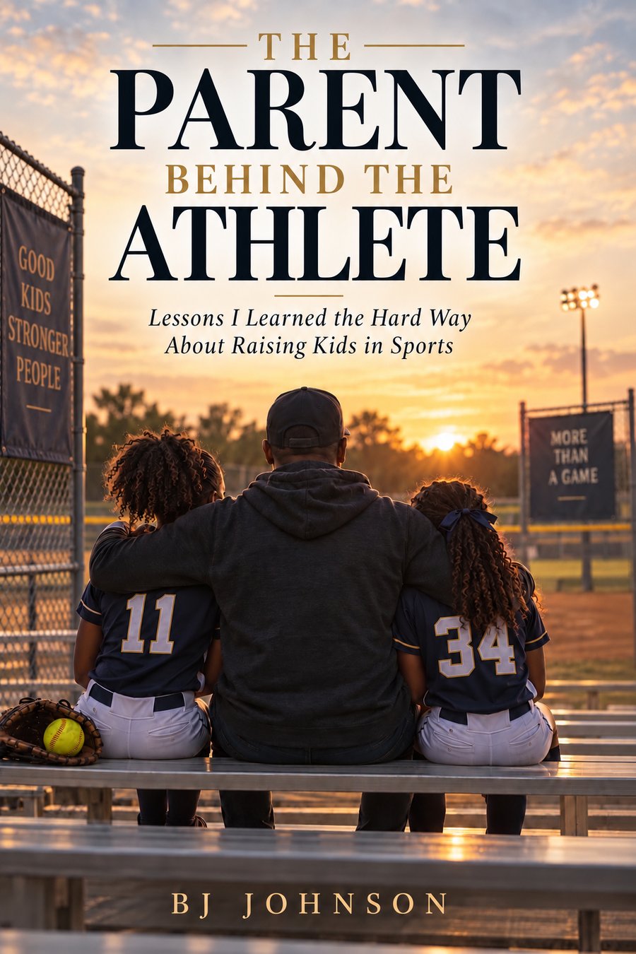 Cover of The Parent Behind the Athlete by BJ Johnson: a father sits on sunset bleachers with his arms around two daughters in softball jerseys numbered 11 and 34.